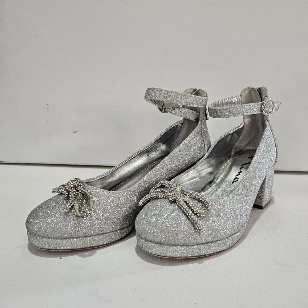 Nina Dress Shoes Girls 2M Silver Glitter Rhinestone Bow Block Heel Special Event